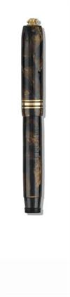 Two Long Island bronze and black celluloid pens with three gold-filled bands at cap bottom: #46S vest pen * #46R ring top.